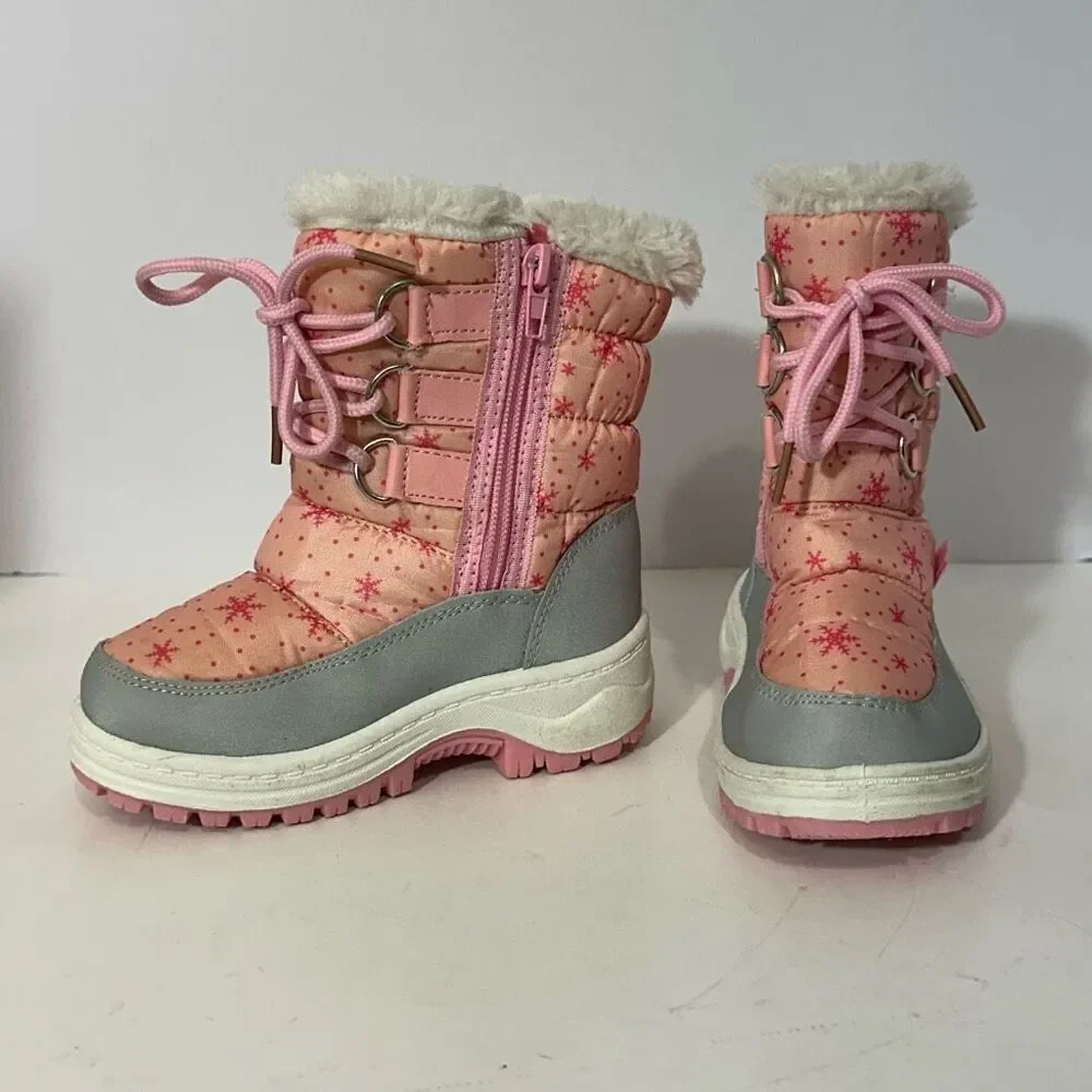 Apakowa Kids Pink and Gray Snow Boots | Little Girl Size 25 (8.5/9)
